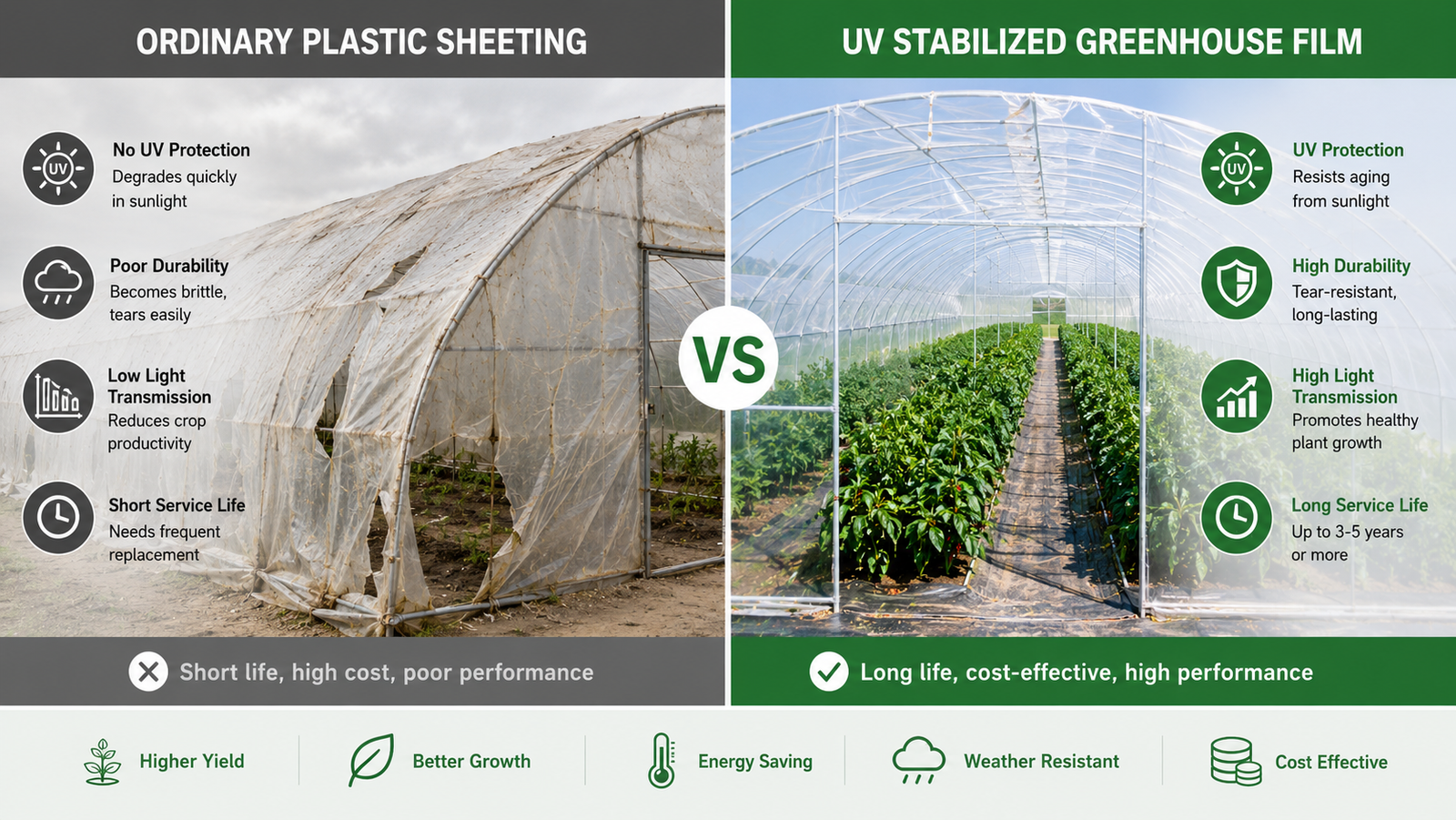 Different types of greenhouse film including clear diffused UV resistant and anti drip film