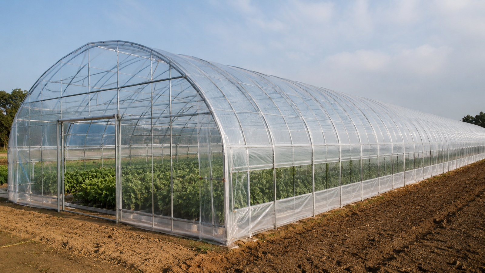Greenhouse film covering a commercial greenhouse with crops inside