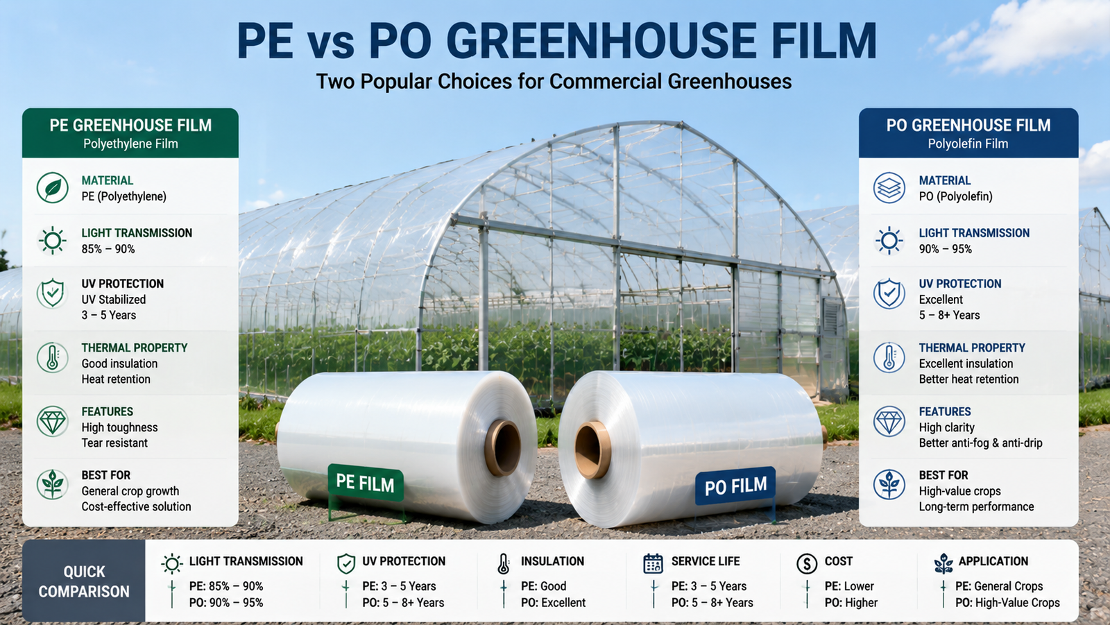 Clear PE greenhouse film roll and PO greenhouse film roll compared beside a commercial greenhouse