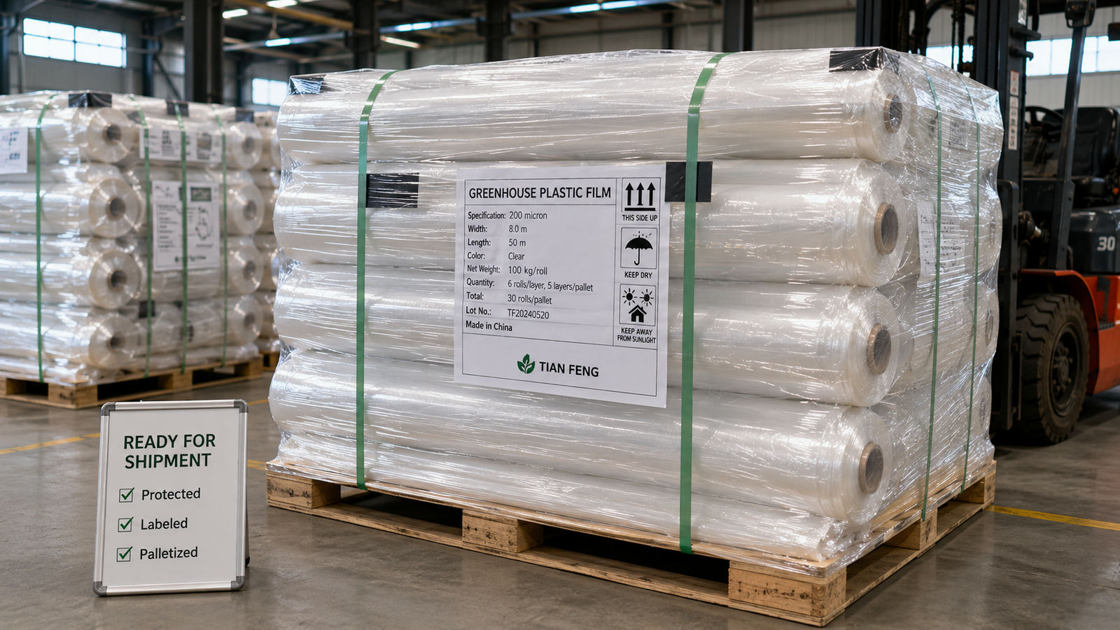 Greenhouse plastic rolls protected labeled and palletized for commercial shipment