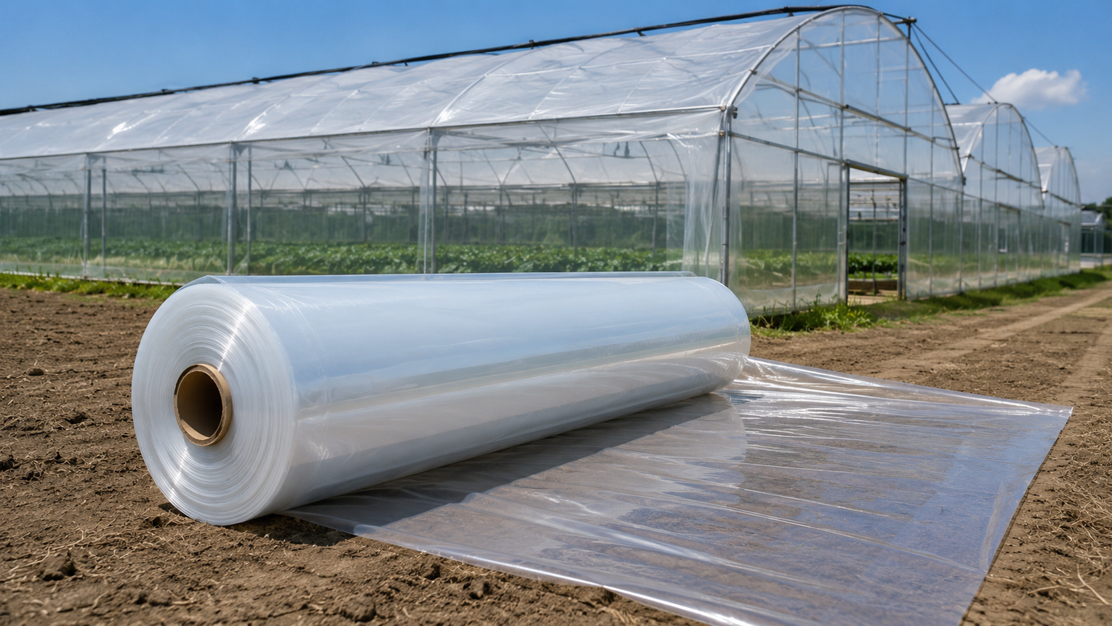 Greenhouse plastic roll prepared for installation on a commercial greenhouse