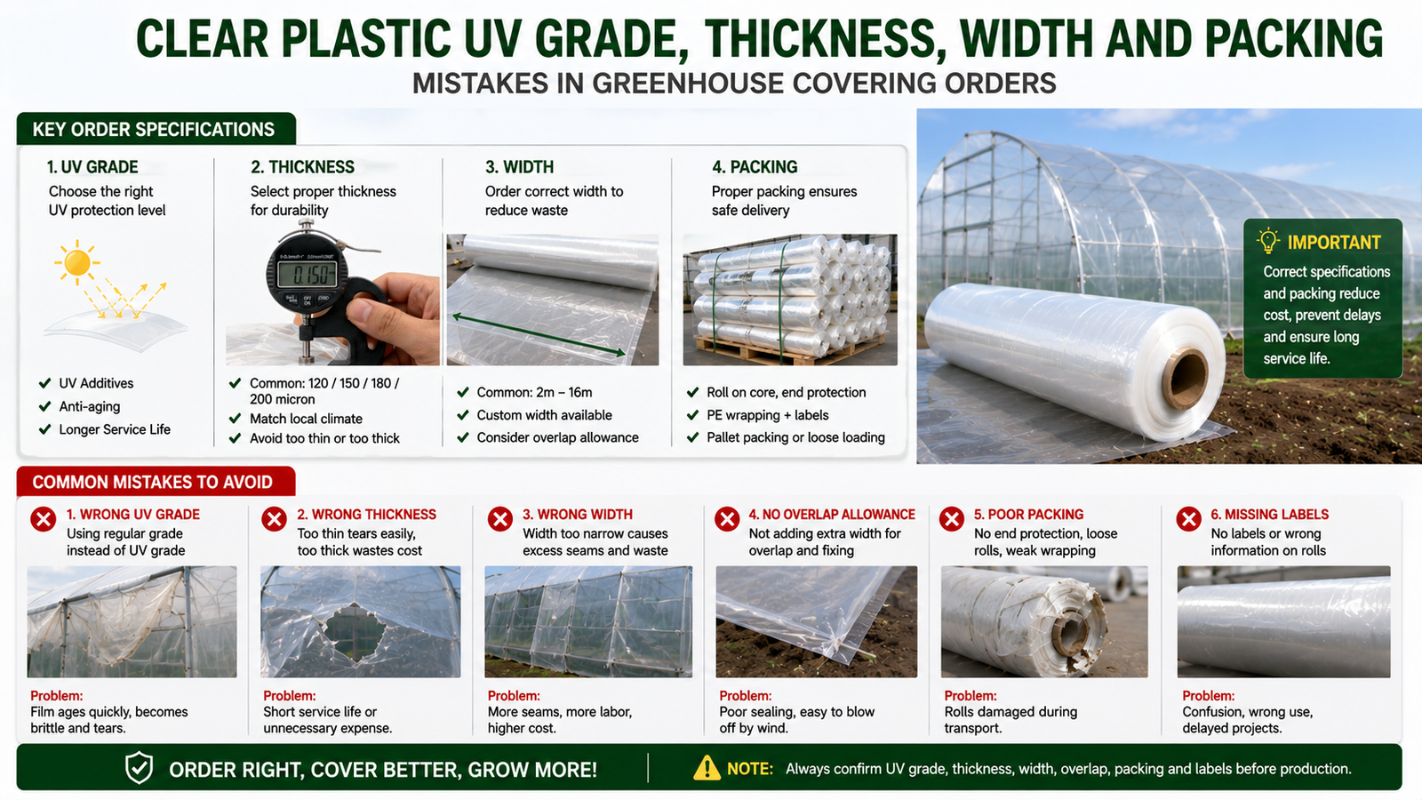 Clear plastic UV grade thickness width and packing mistakes in greenhouse covering orders