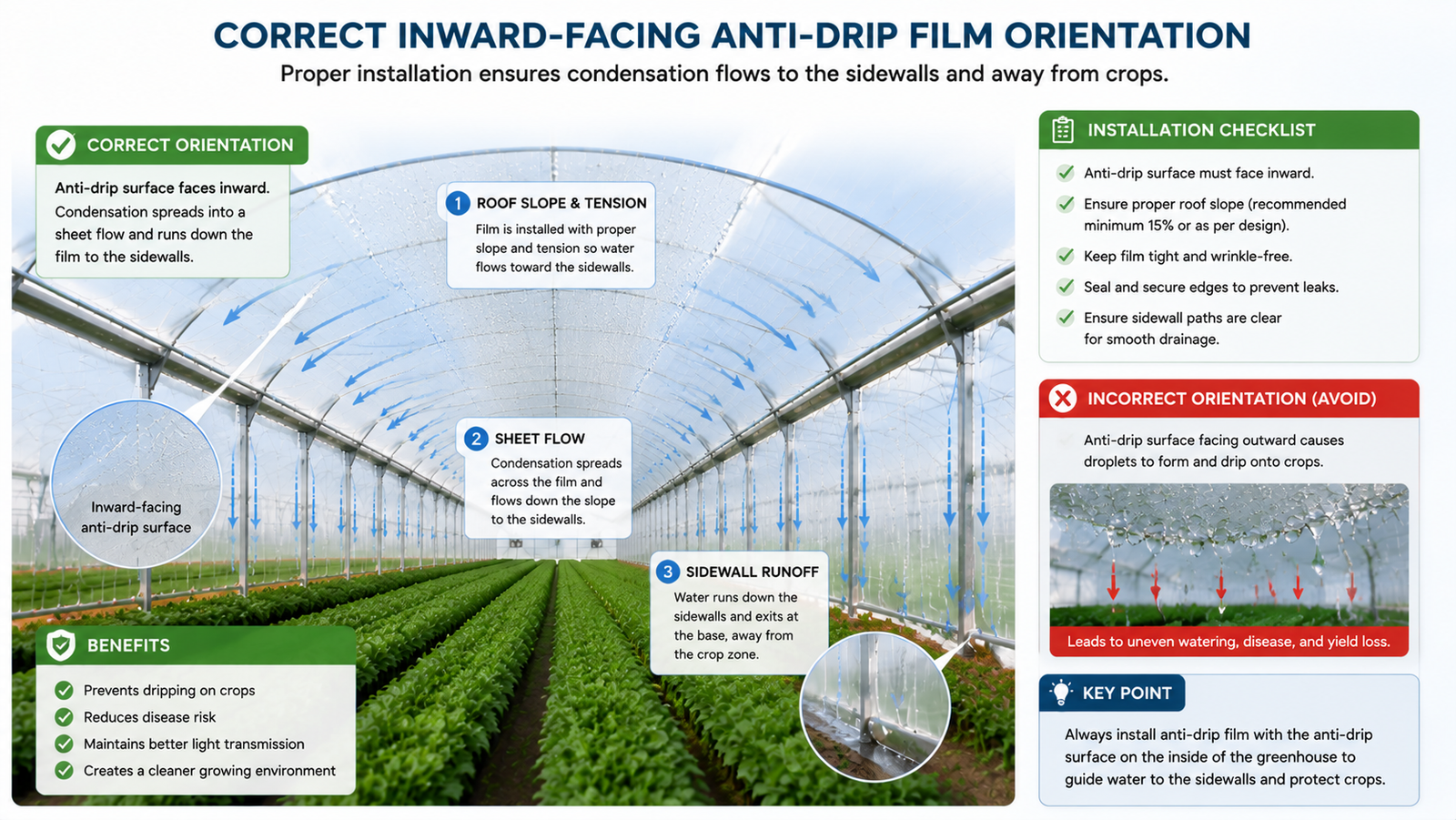 Correct inward-facing anti-drip greenhouse film orientation with roof slope tension and sidewall runoff path