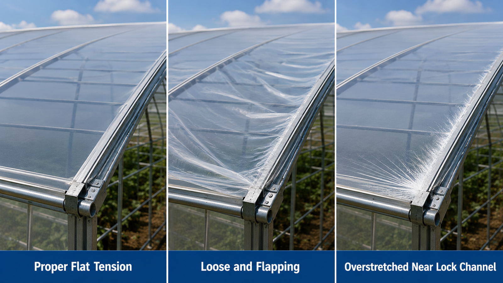 Correct loose and over-tight greenhouse plastic installation compared
