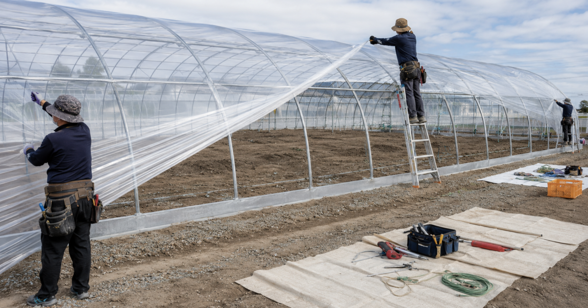 Crew installing greenhouse plastic over a commercial metal hoop house