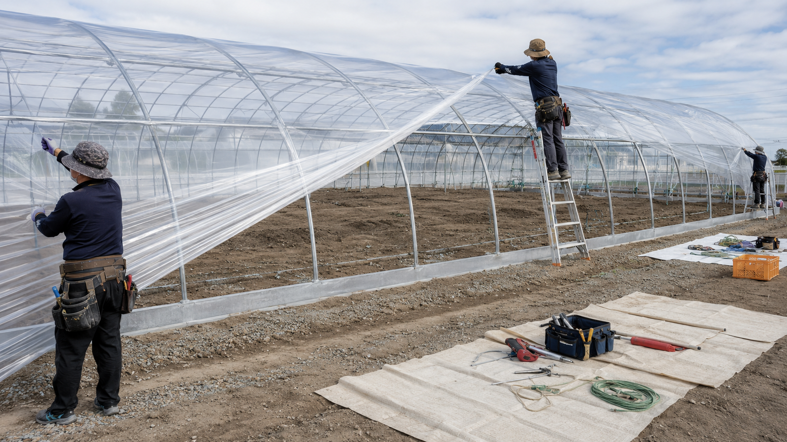 Crew installing greenhouse plastic over a commercial metal hoop house