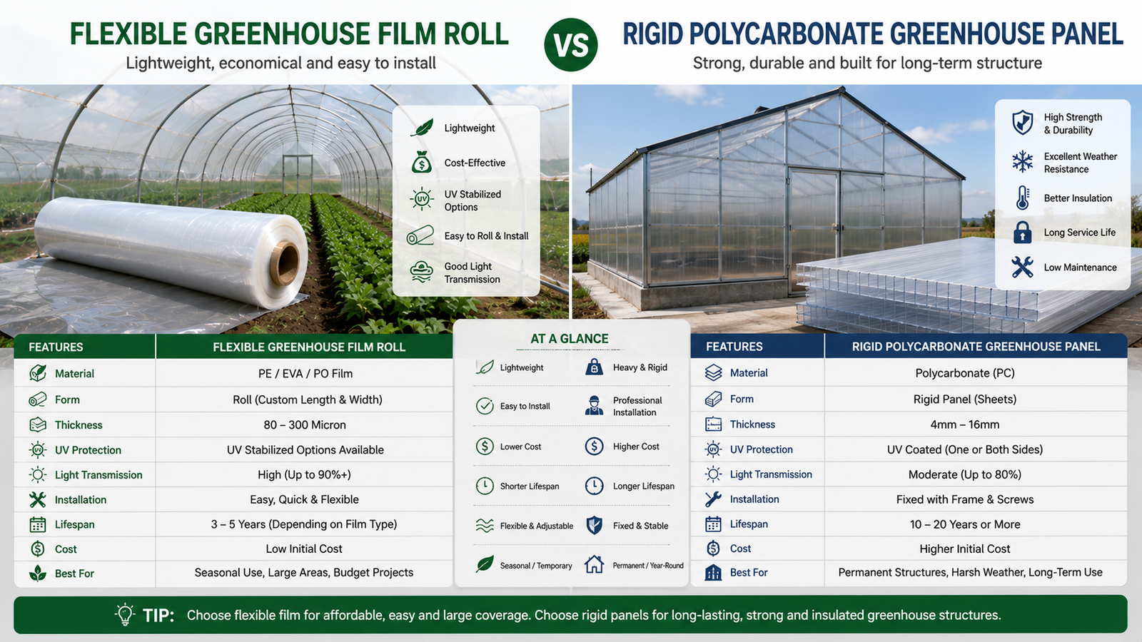 Flexible greenhouse film roll compared with rigid polycarbonate greenhouse panel