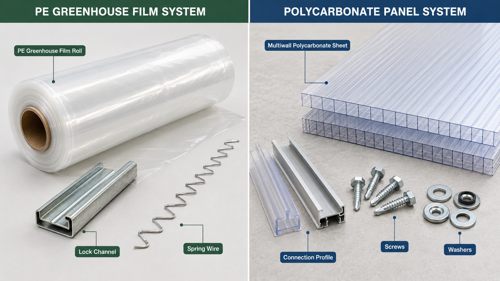 Flexible greenhouse film and rigid polycarbonate panel installation systems compared