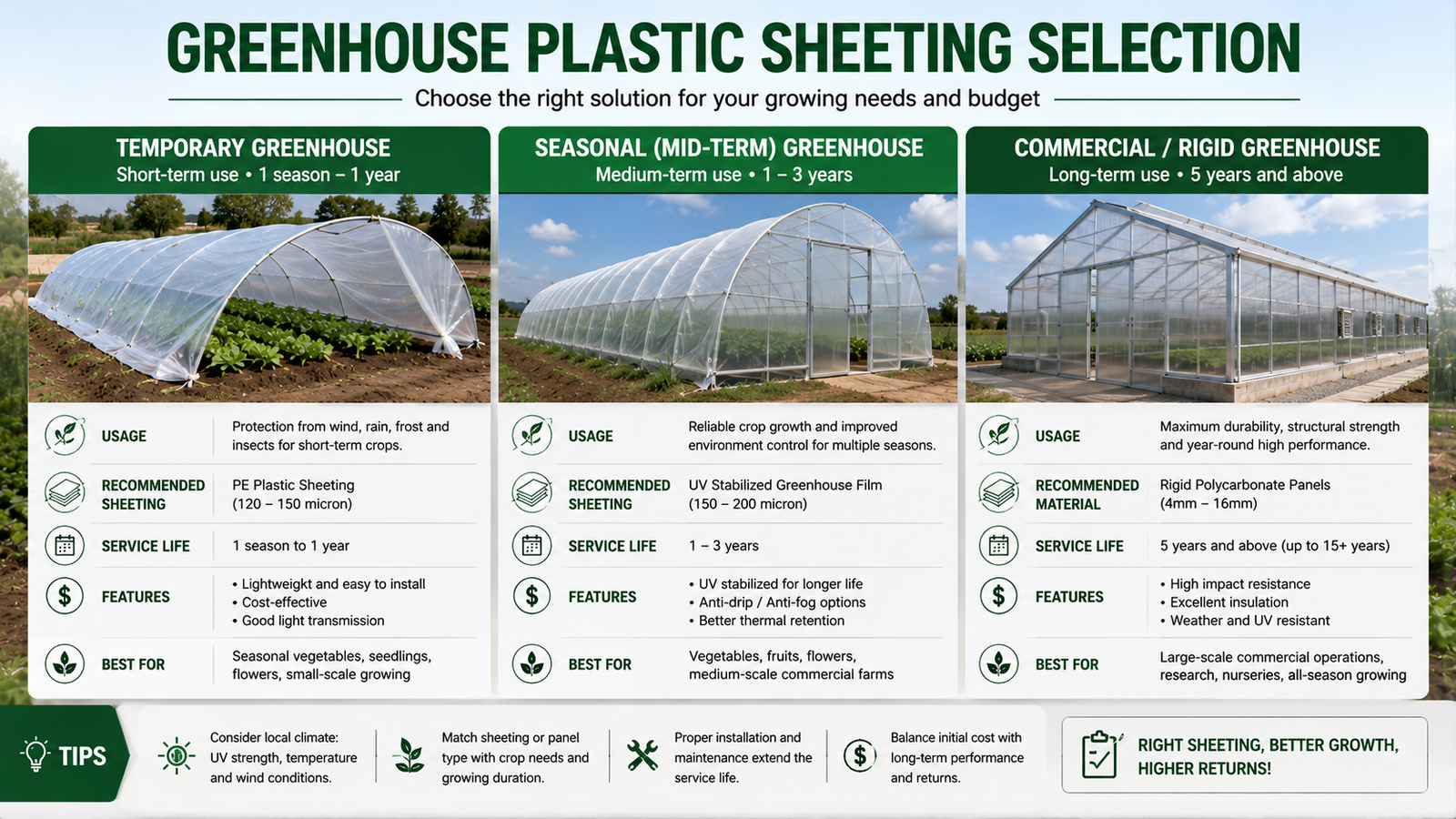 Greenhouse plastic sheeting selection by temporary seasonal commercial and rigid greenhouse use