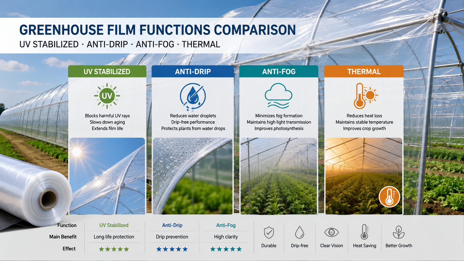 UV stabilized anti-drip anti-fog and thermal greenhouse film functions compared