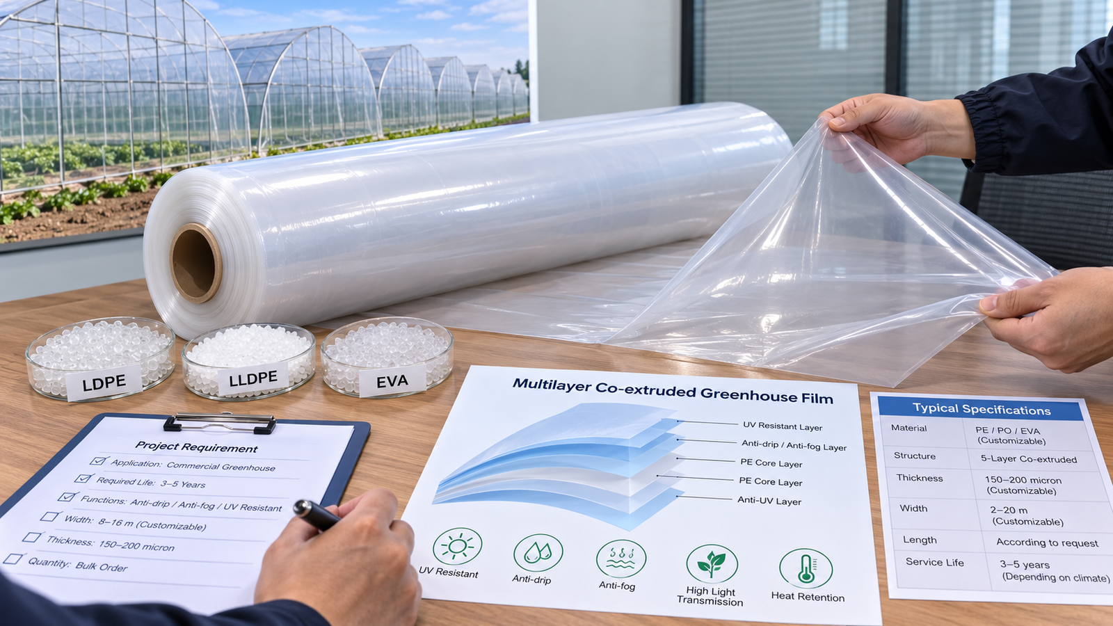 Greenhouse plastic film material and multilayer structure reviewed for a commercial order