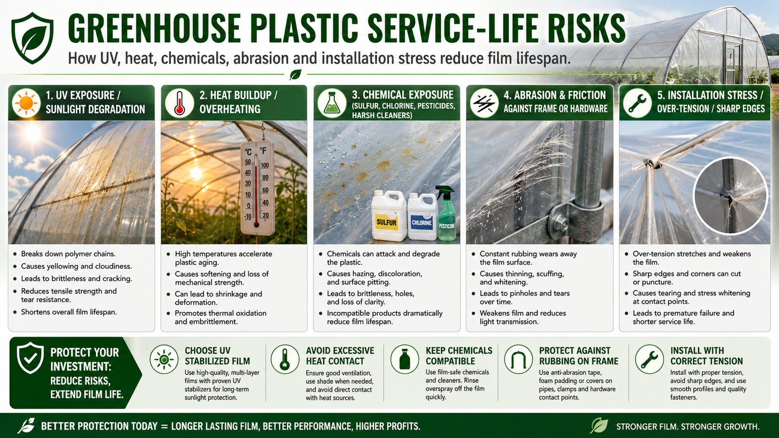Greenhouse plastic service-life risks from UV heat chemicals abrasion and installation stress