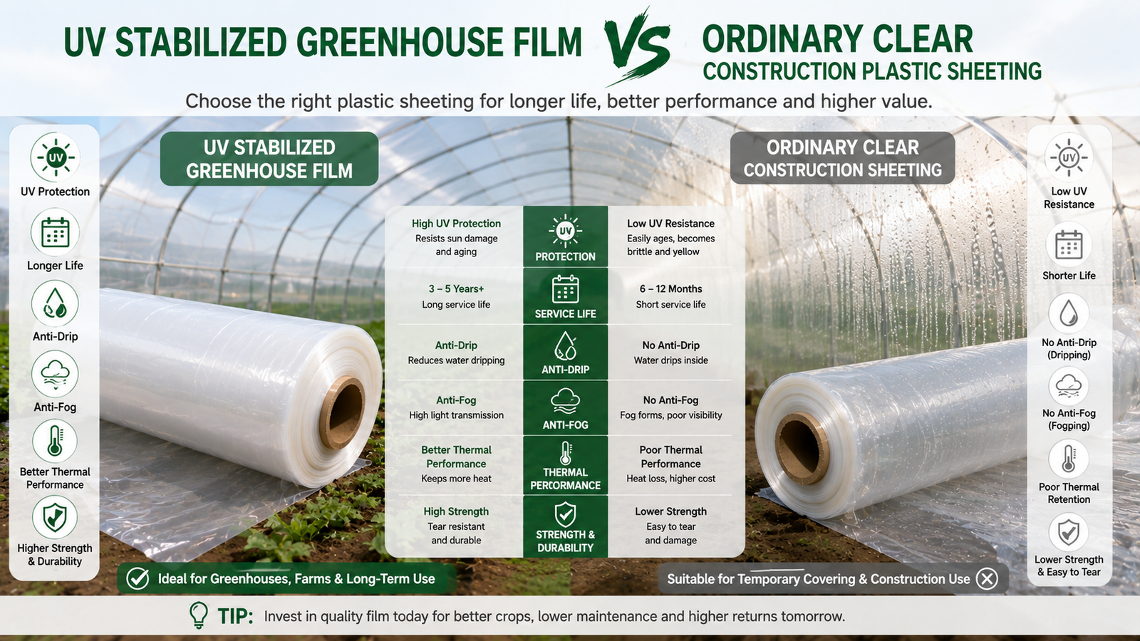 UV stabilized greenhouse film compared with ordinary clear construction plastic sheeting