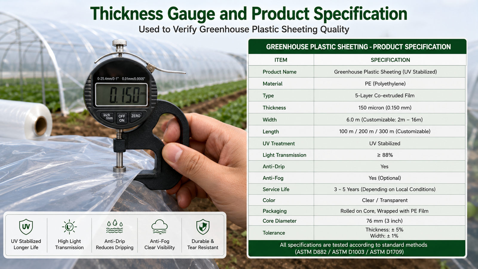 Thickness gauge and product specification used to verify greenhouse plastic sheeting