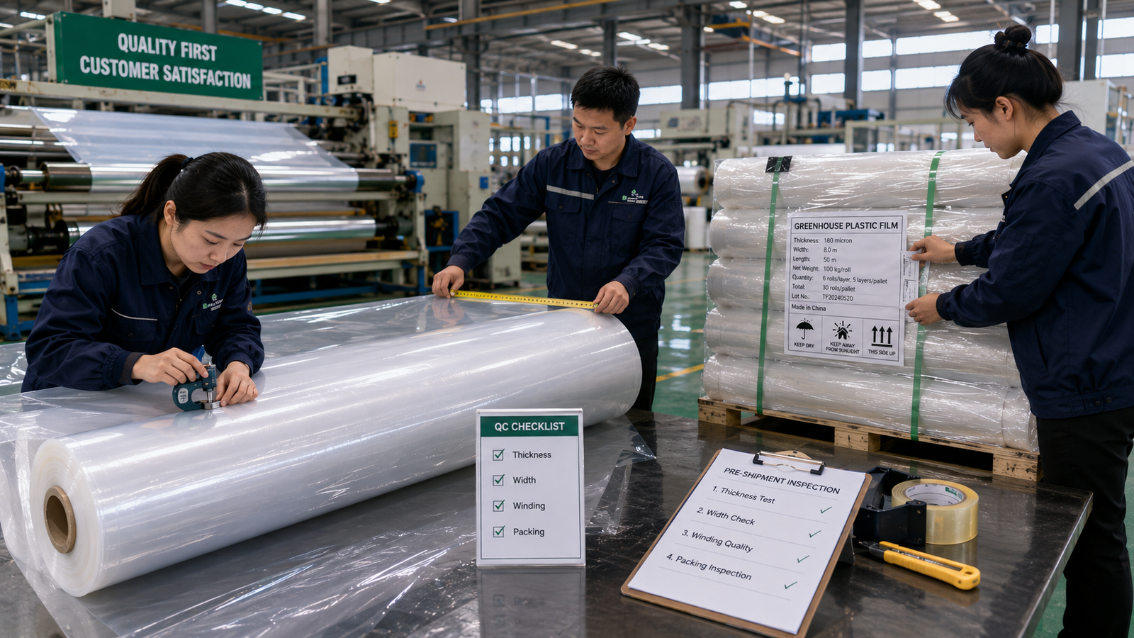 Factory team checking greenhouse plastic film thickness width winding and packing before shipment