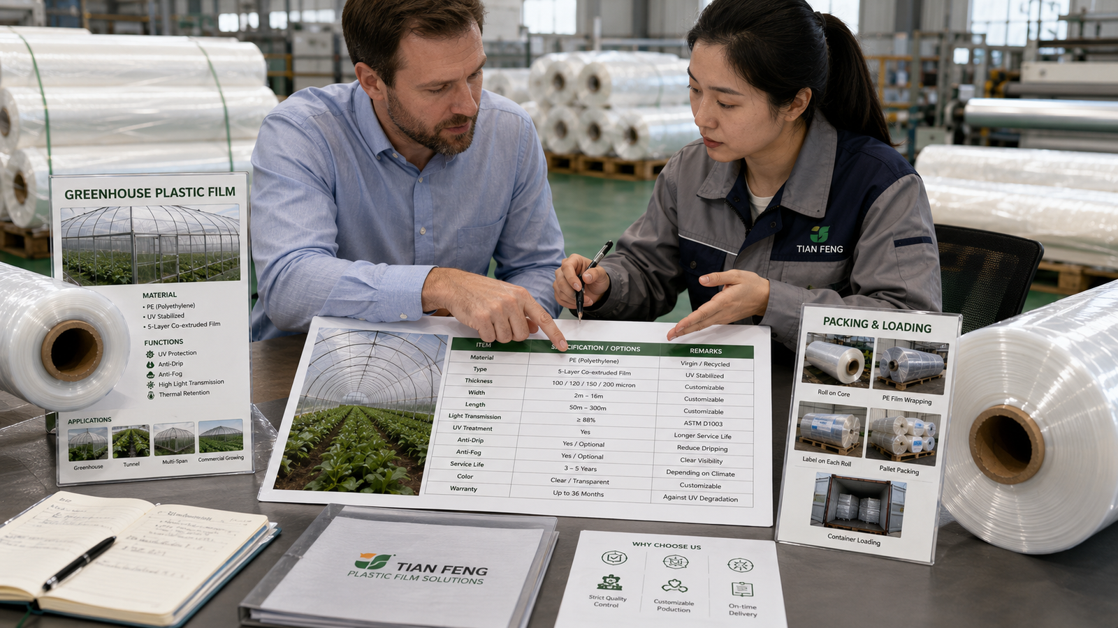 Buyer and factory reviewing greenhouse plastic roll material size functions and packing