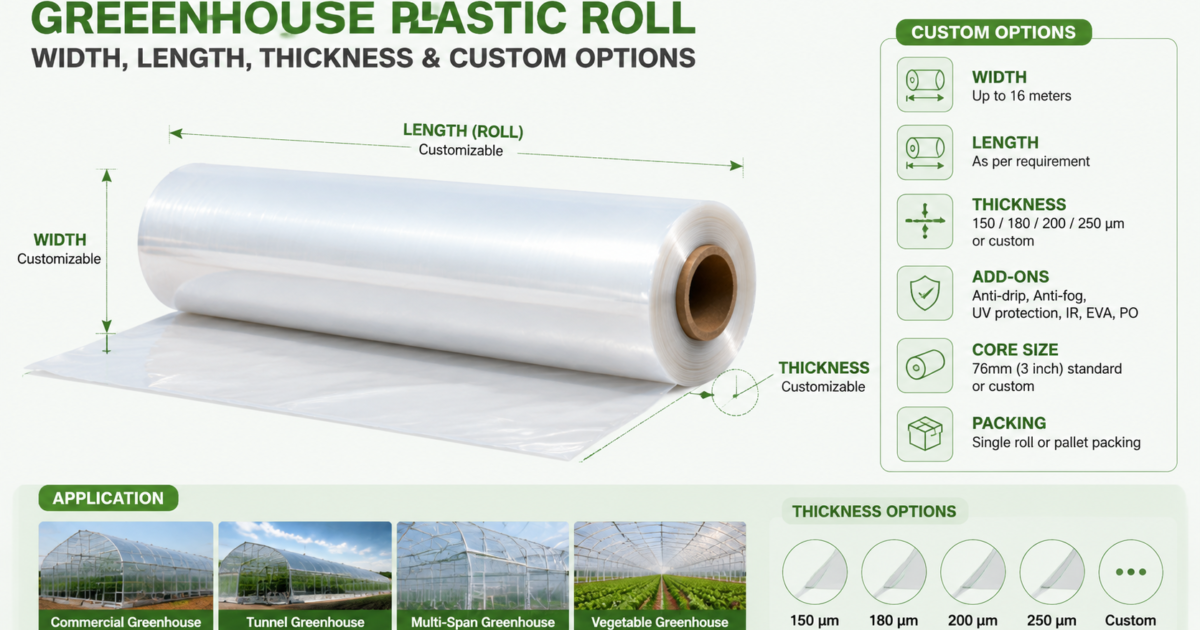 Diagram showing greenhouse plastic roll width length thickness and custom options