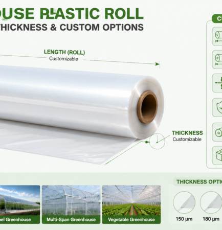 Diagram showing greenhouse plastic roll width length thickness and custom options