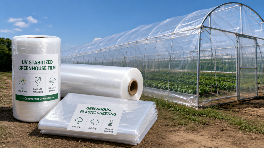 Greenhouse plastic sheeting and UV stabilized greenhouse film shown beside a commercial greenhouse