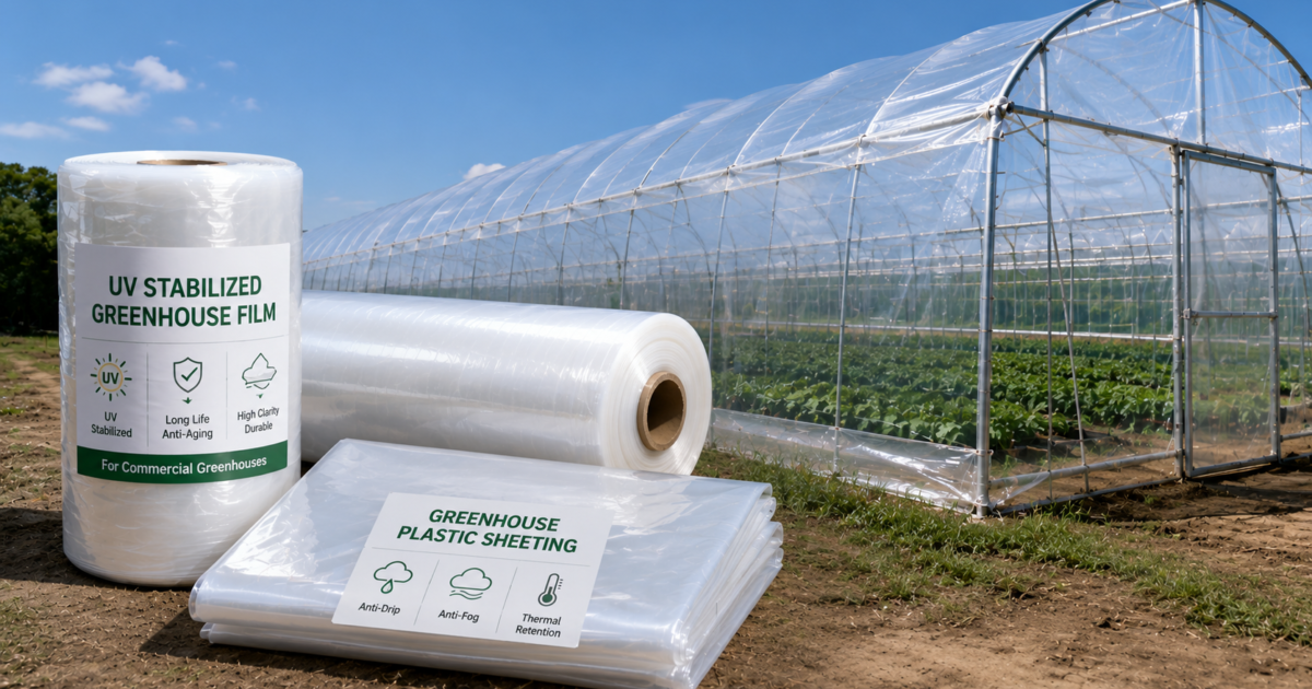 Greenhouse plastic sheeting and UV stabilized greenhouse film shown beside a commercial greenhouse