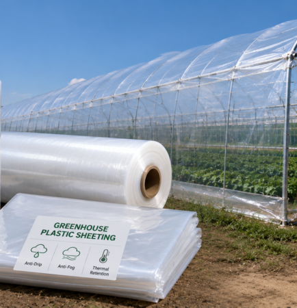 Greenhouse plastic sheeting and UV stabilized greenhouse film shown beside a commercial greenhouse