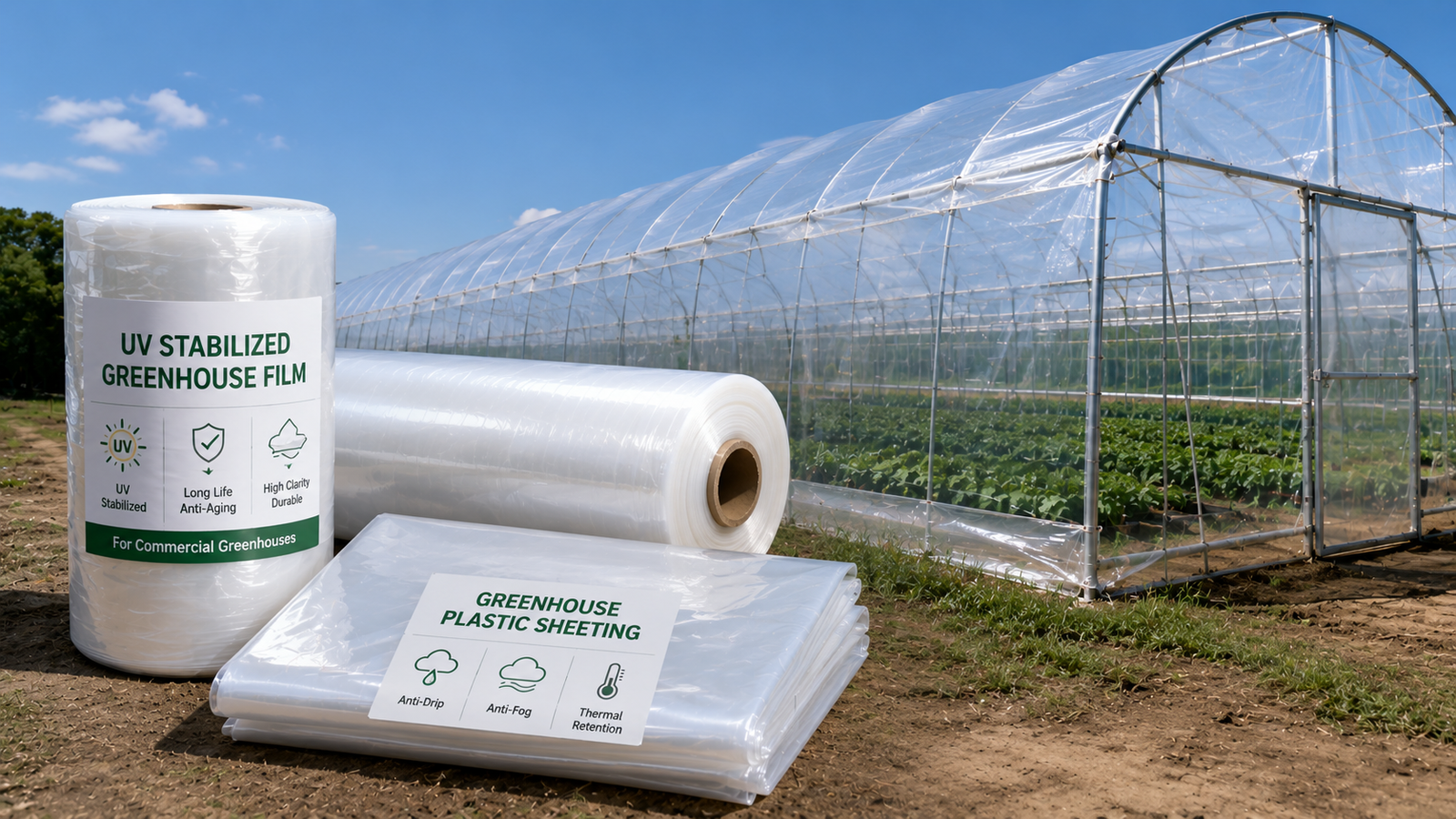 Greenhouse plastic sheeting and UV stabilized greenhouse film shown beside a commercial greenhouse