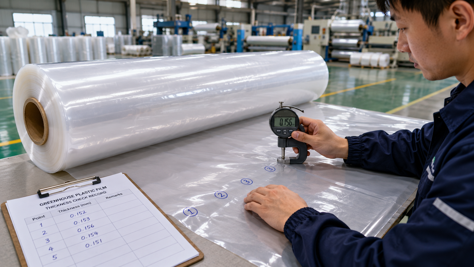 Thickness gauge checking greenhouse plastic film at multiple points across a roll