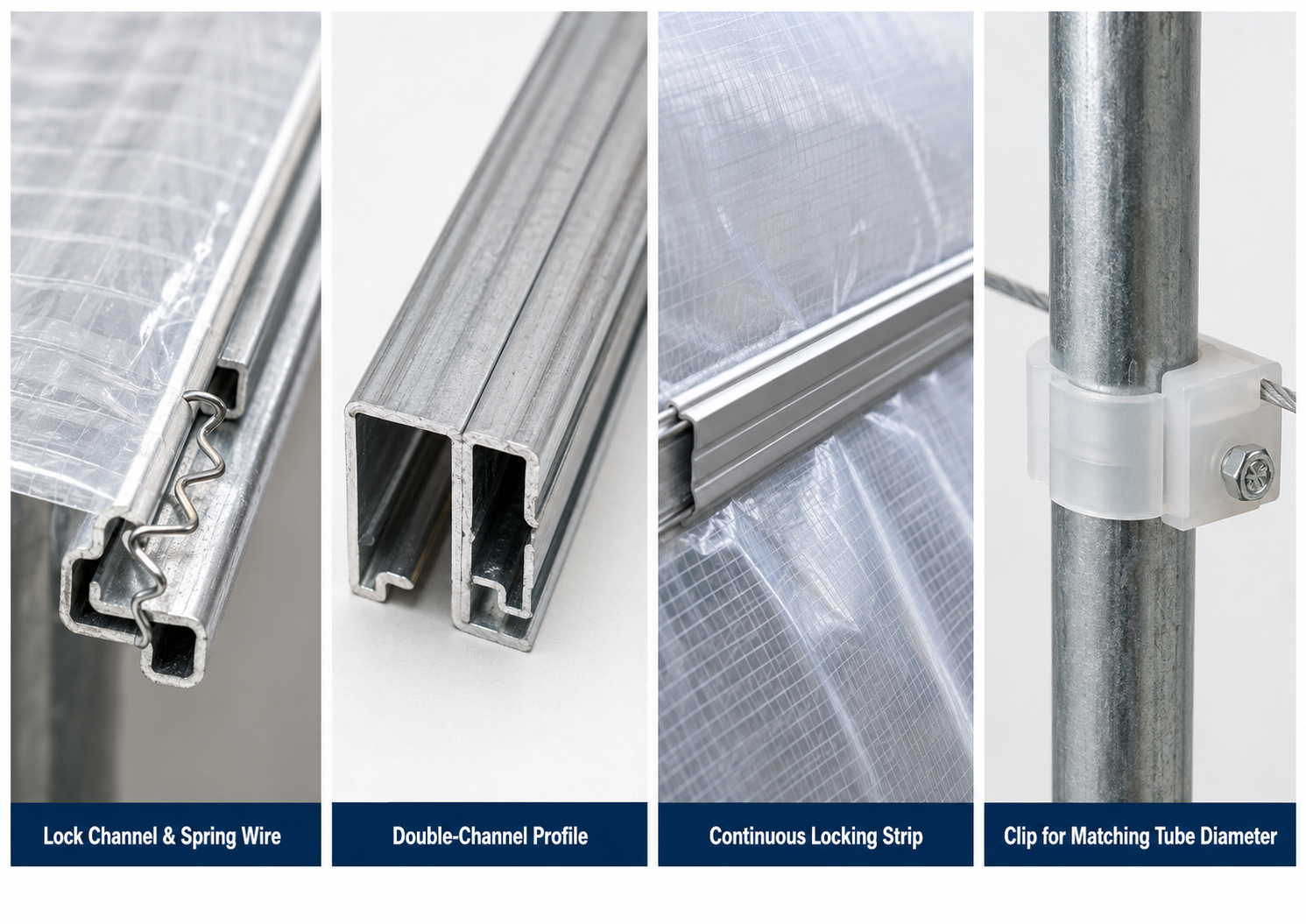 Greenhouse plastic fasteners including wiggle wire channel battens and clips
