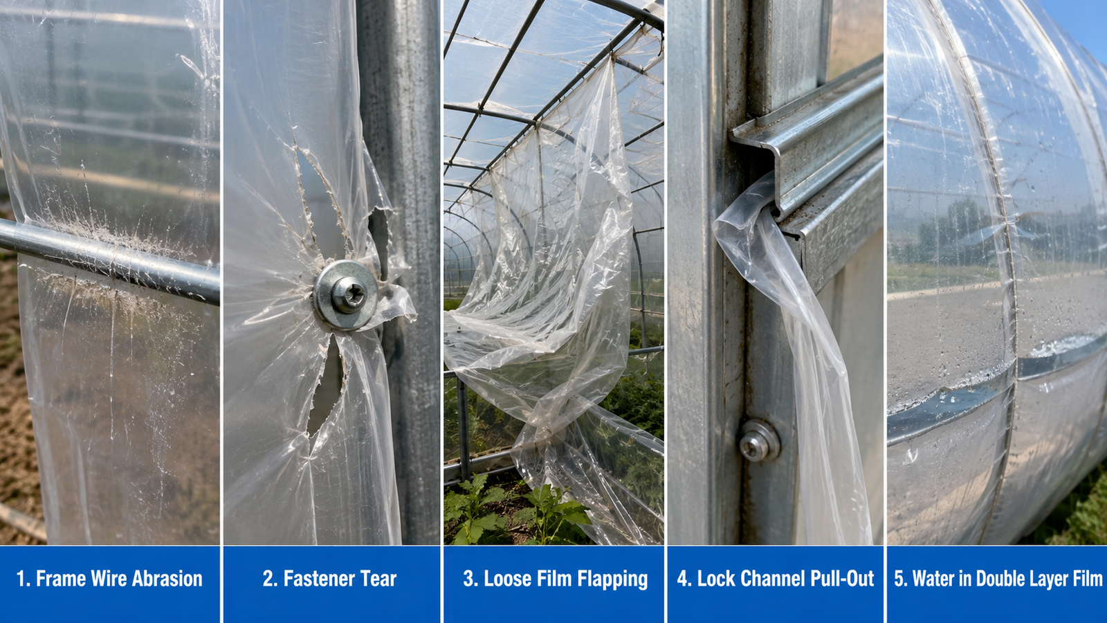 Greenhouse plastic installation failures caused by abrasion tension and fastening errors