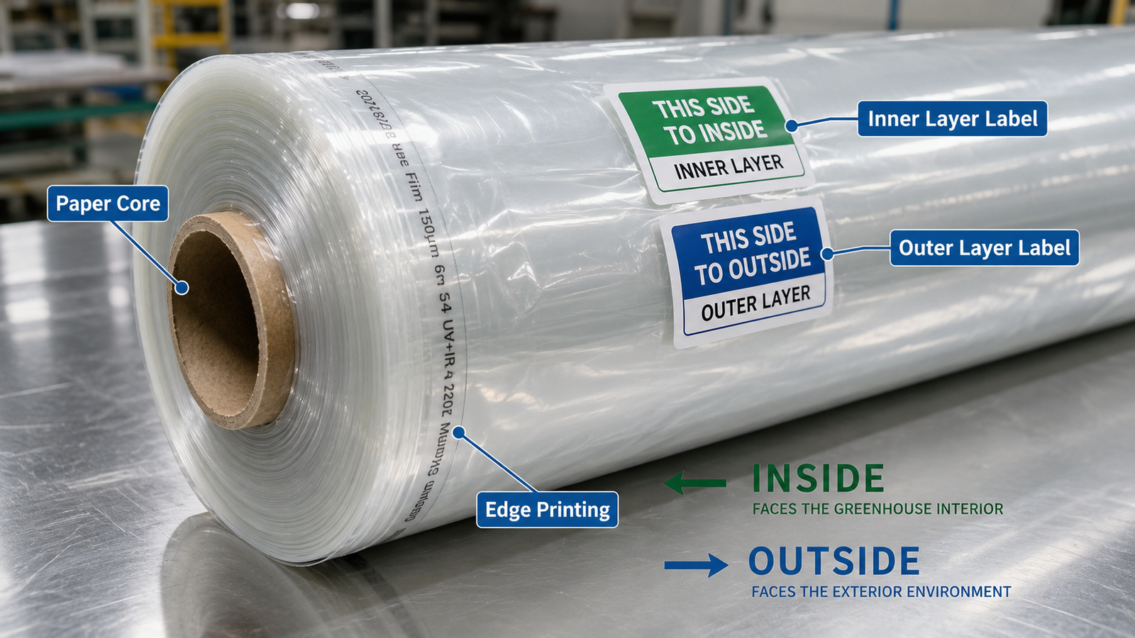 Greenhouse plastic roll markings showing the correct inner and outer film orientation