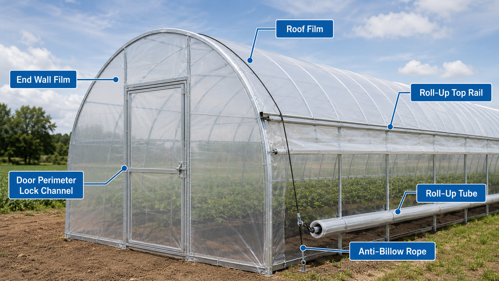 Greenhouse roof end-wall door and roll-up side film attachment points