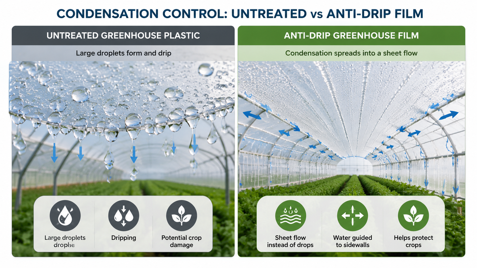 Diagram comparing large condensation droplets on untreated greenhouse plastic with sheet flow on anti-drip film