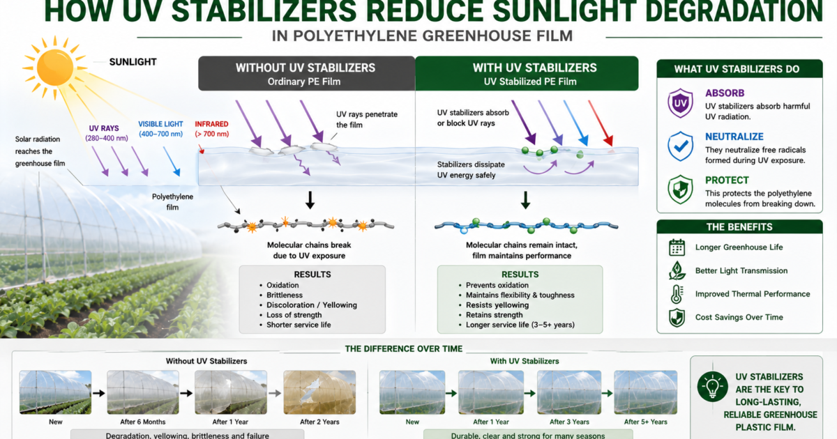 Diagram explaining how UV stabilizers reduce sunlight degradation in polyethylene greenhouse film