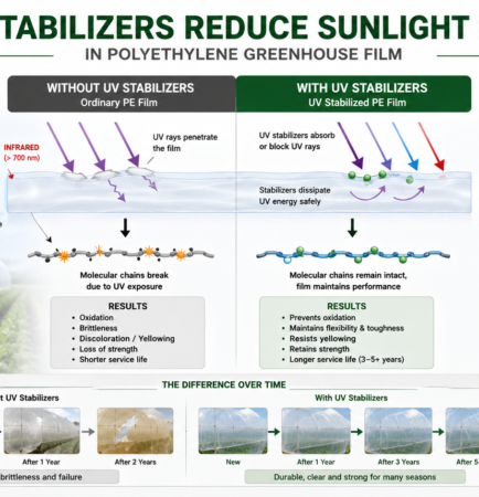 Diagram explaining how UV stabilizers reduce sunlight degradation in polyethylene greenhouse film