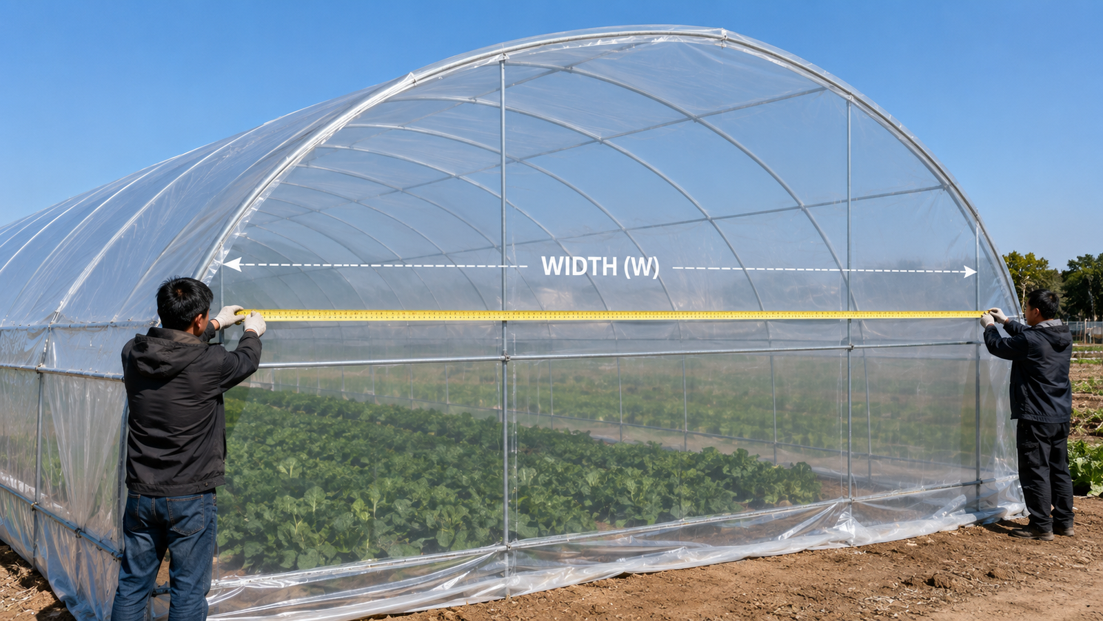 Measuring greenhouse plastic film width across the curved roof of a hoop greenhouse
