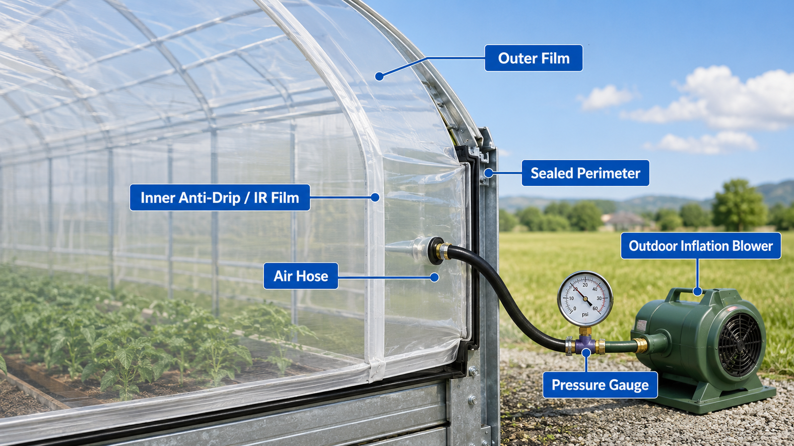 Inflated double-layer greenhouse plastic with outside-air blower and pressure check