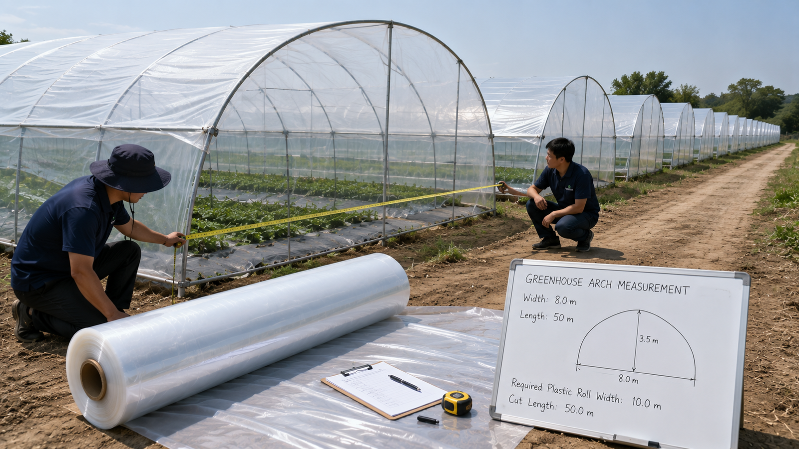 Greenhouse arch covering path measured for the correct plastic roll width and cut length