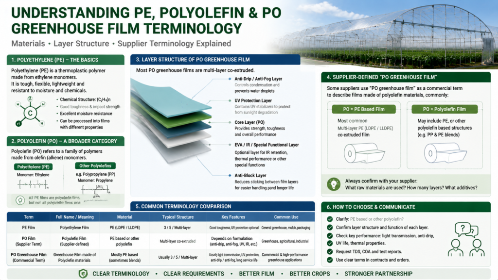 Diagram explaining polyethylene, polyolefin, layer structure and supplier-defined PO greenhouse film terminology