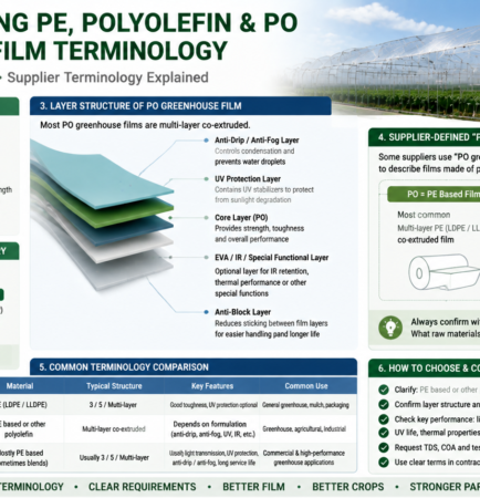 Diagram explaining polyethylene, polyolefin, layer structure and supplier-defined PO greenhouse film terminology