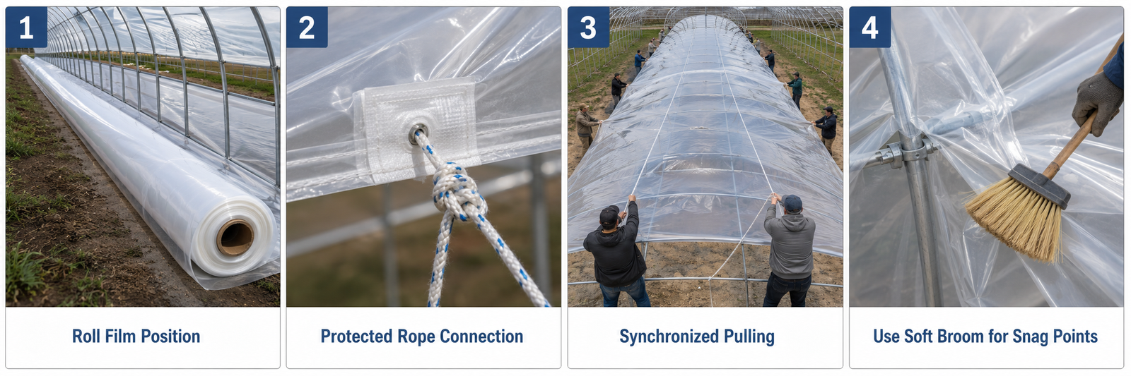 Step-by-step method for pulling greenhouse plastic over a hoop house