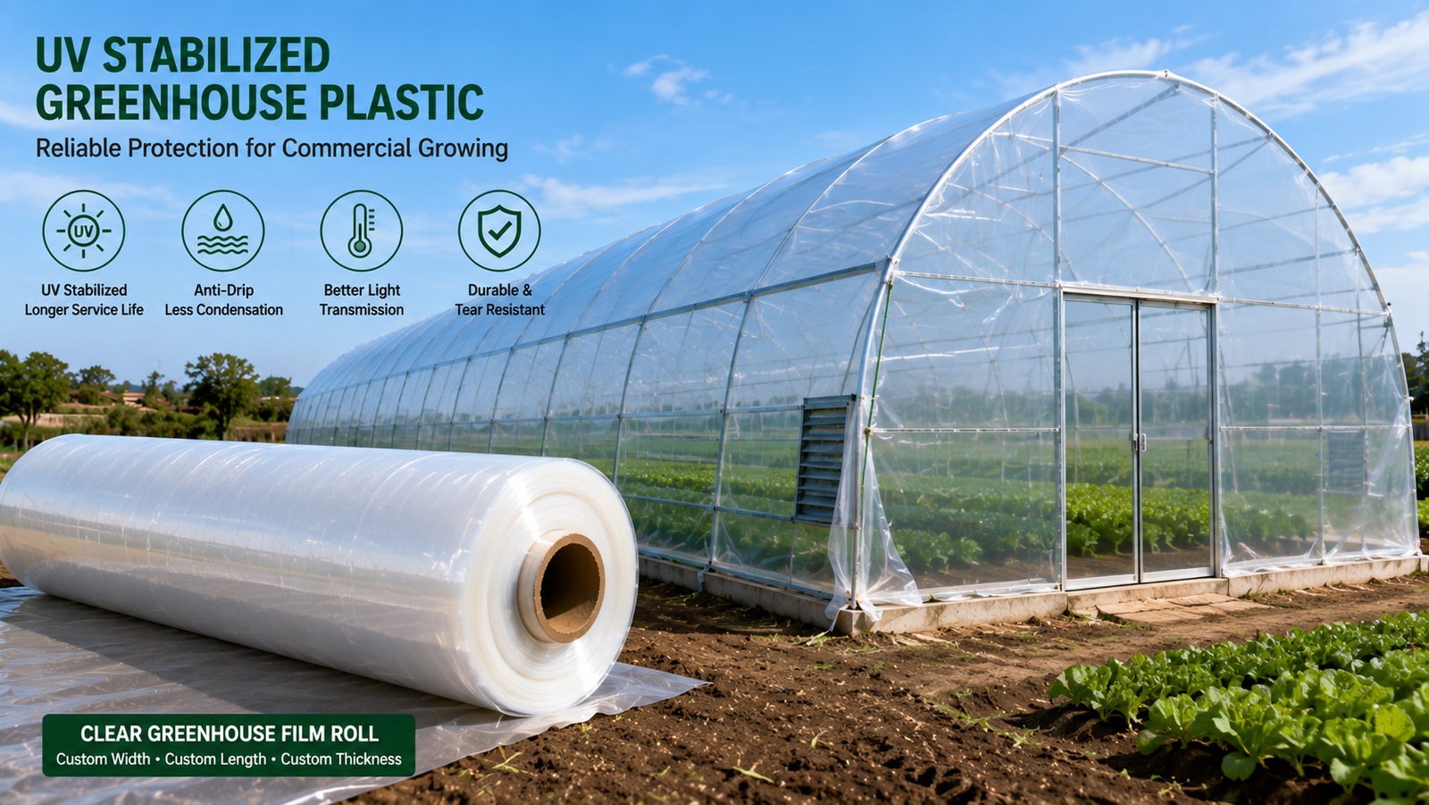 UV stabilized greenhouse plastic covering a commercial greenhouse beside a clear film roll