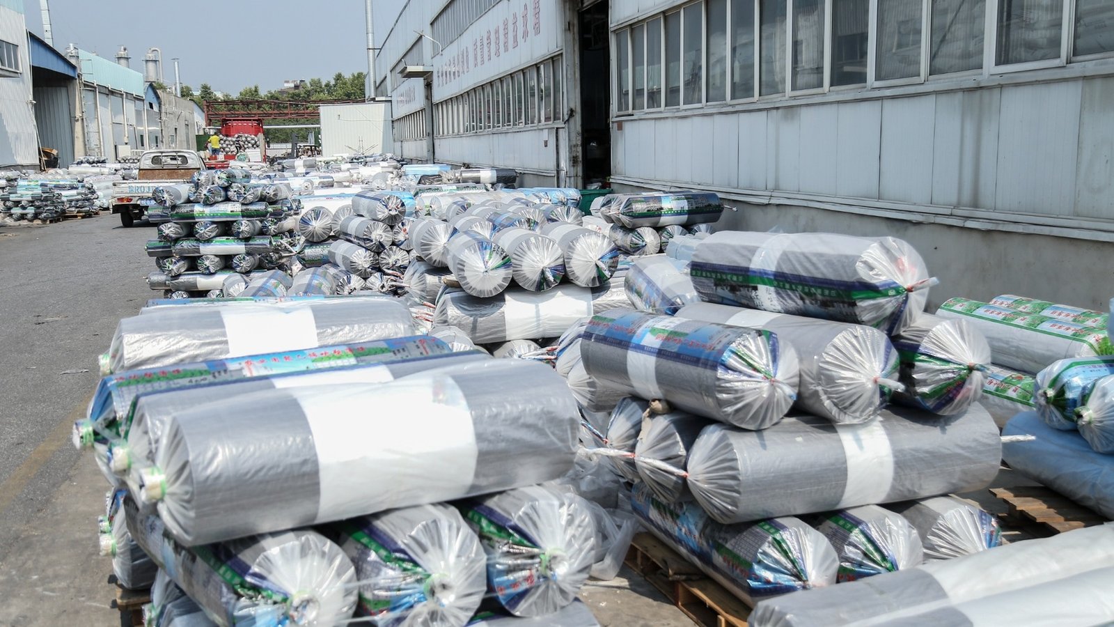Finished plastic film rolls packed for shipment