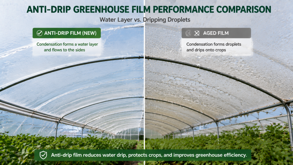 Anti-drip greenhouse film forming a water layer compared with droplets on aged film