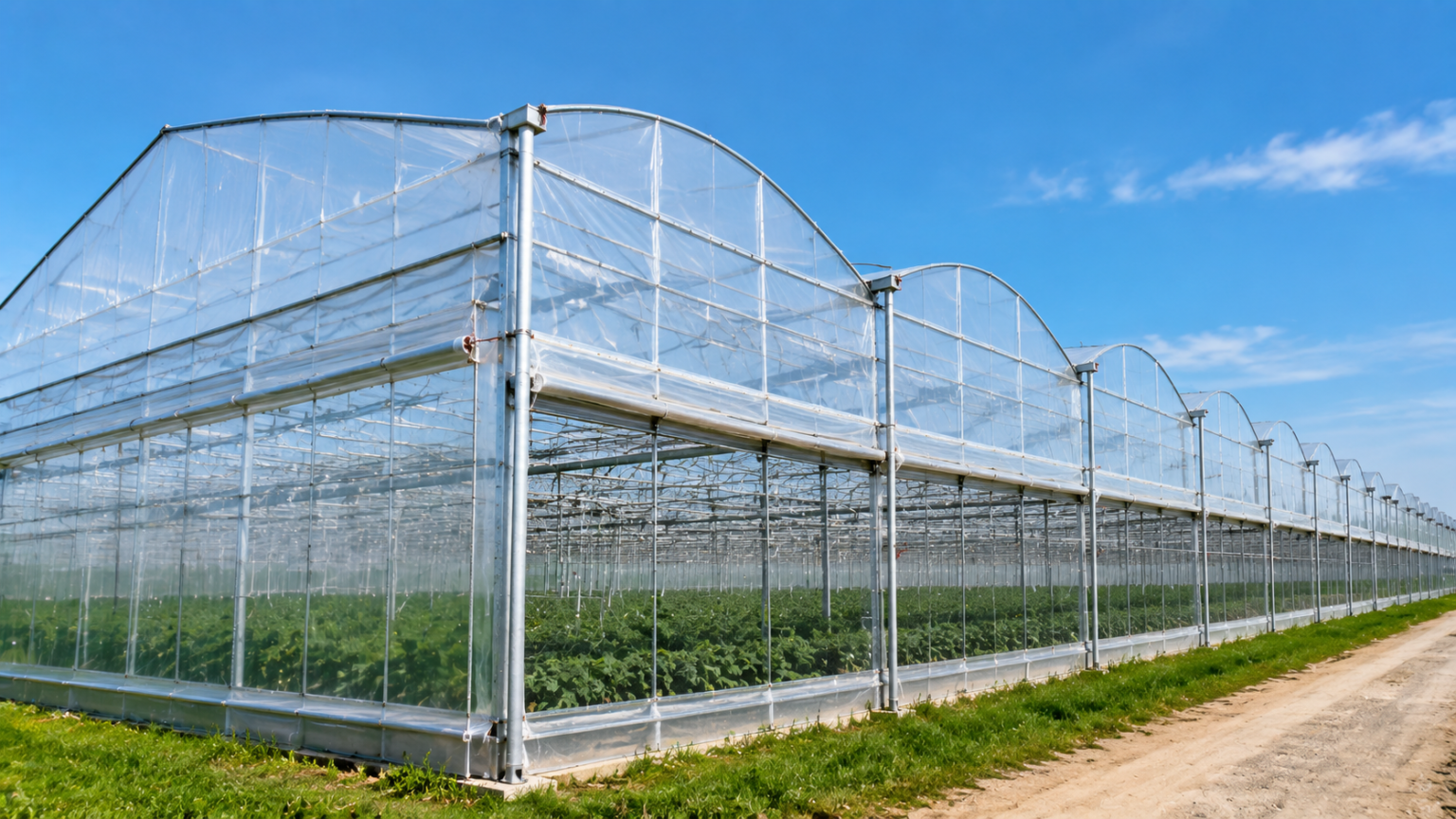 Clear greenhouse film installed on a commercial multi-span greenhouse