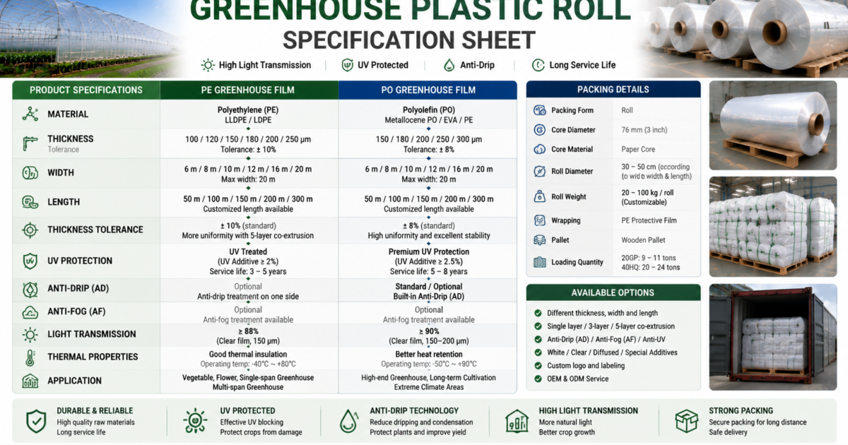 Greenhouse plastic roll specification sheet showing material, thickness, width, length, UV, anti-drip and packing details