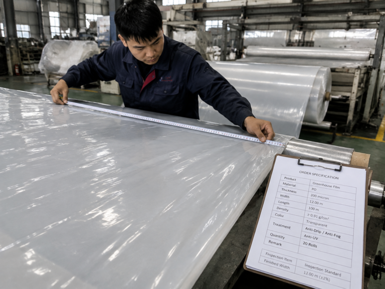 Factory technician checking finished greenhouse film width against the approved order specification