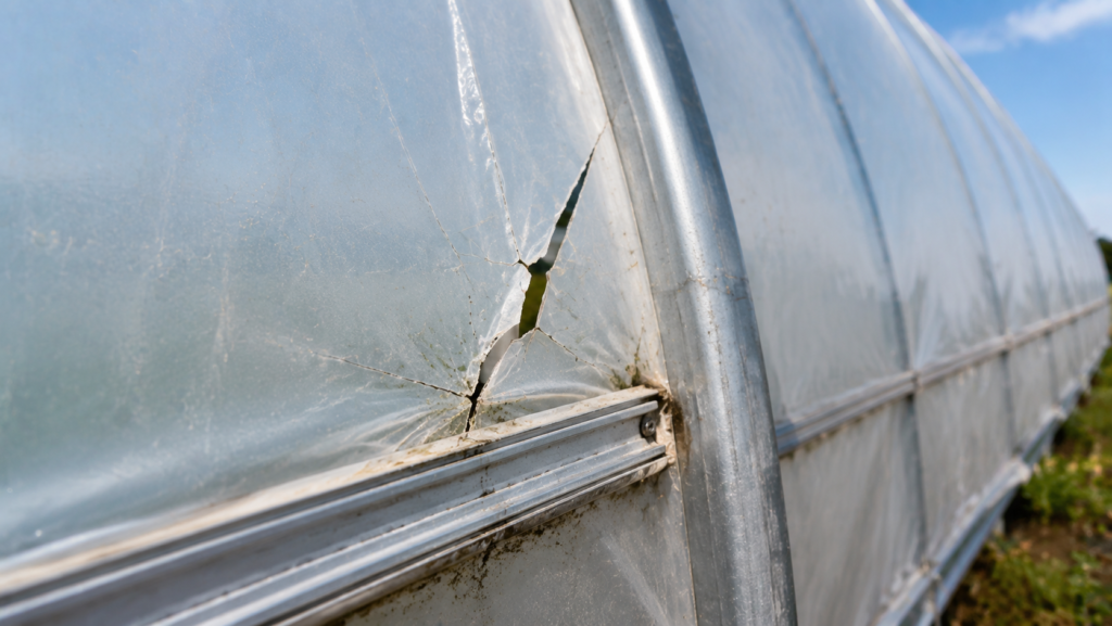 Cracked greenhouse plastic beside a fastening channel at a frame contact point