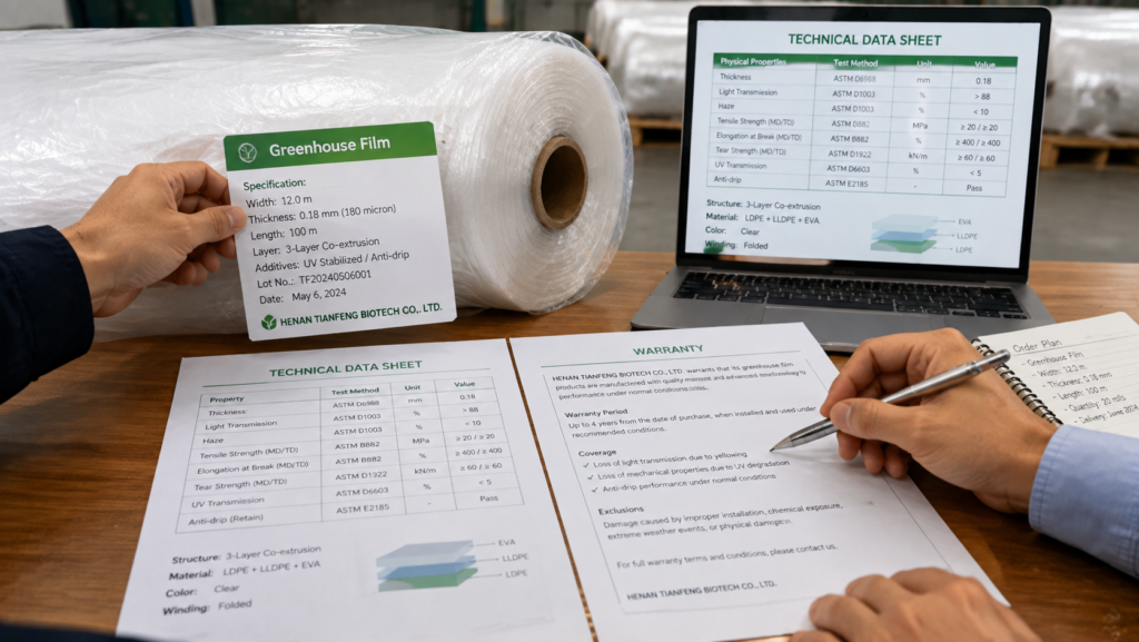 Greenhouse film roll label, technical data sheet and warranty reviewed before a commercial order