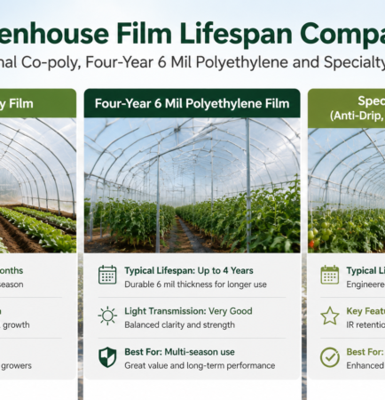Greenhouse film lifespan comparison for seasonal co-poly, four-year 6 mil polyethylene and specialty coverings