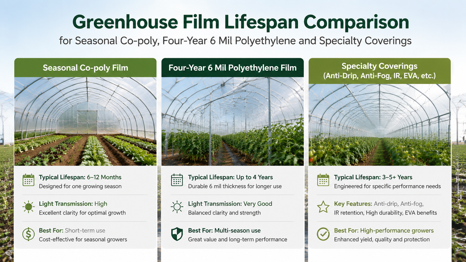 Greenhouse film lifespan comparison for seasonal co-poly, four-year 6 mil polyethylene and specialty coverings